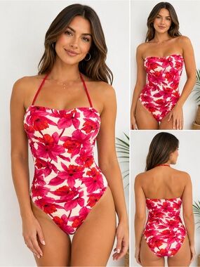 Oscar de la Renta Tropical One Piece Swimsuit Size 10 Removable Halter Strap